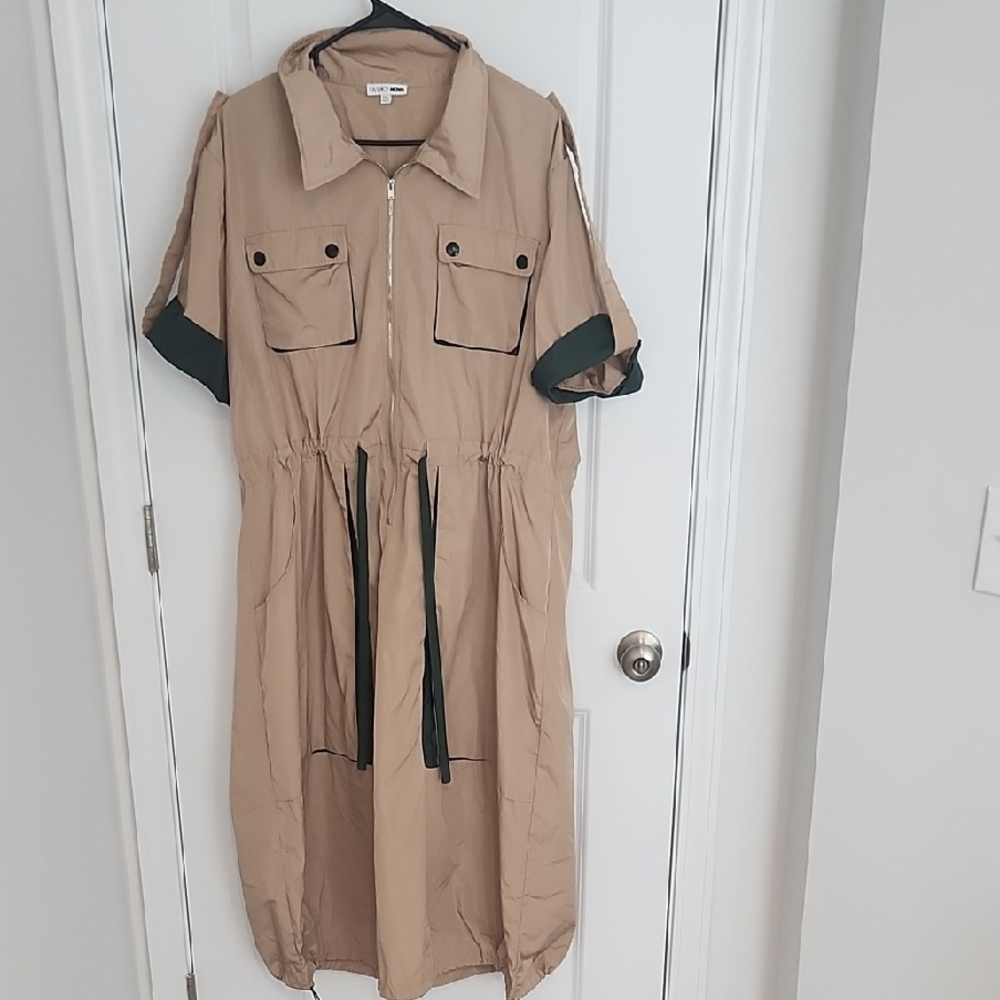 Beige Midi Dress with Dark Green Details